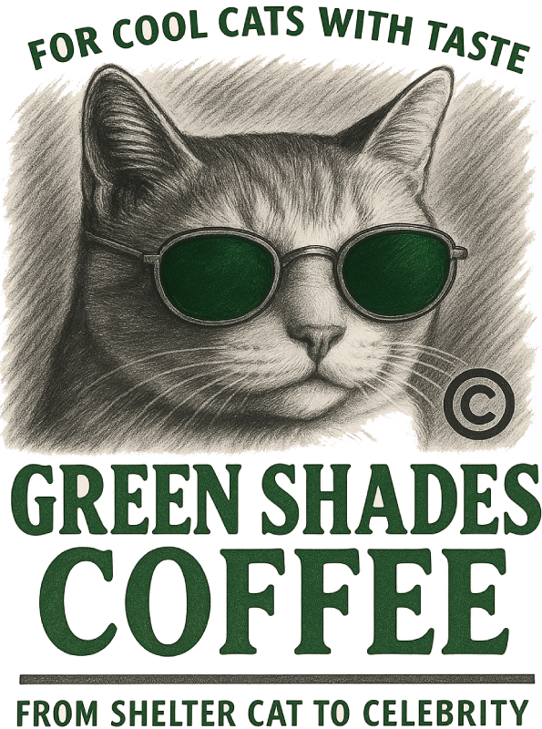 Cat wearing sunglasses near a coffee cup