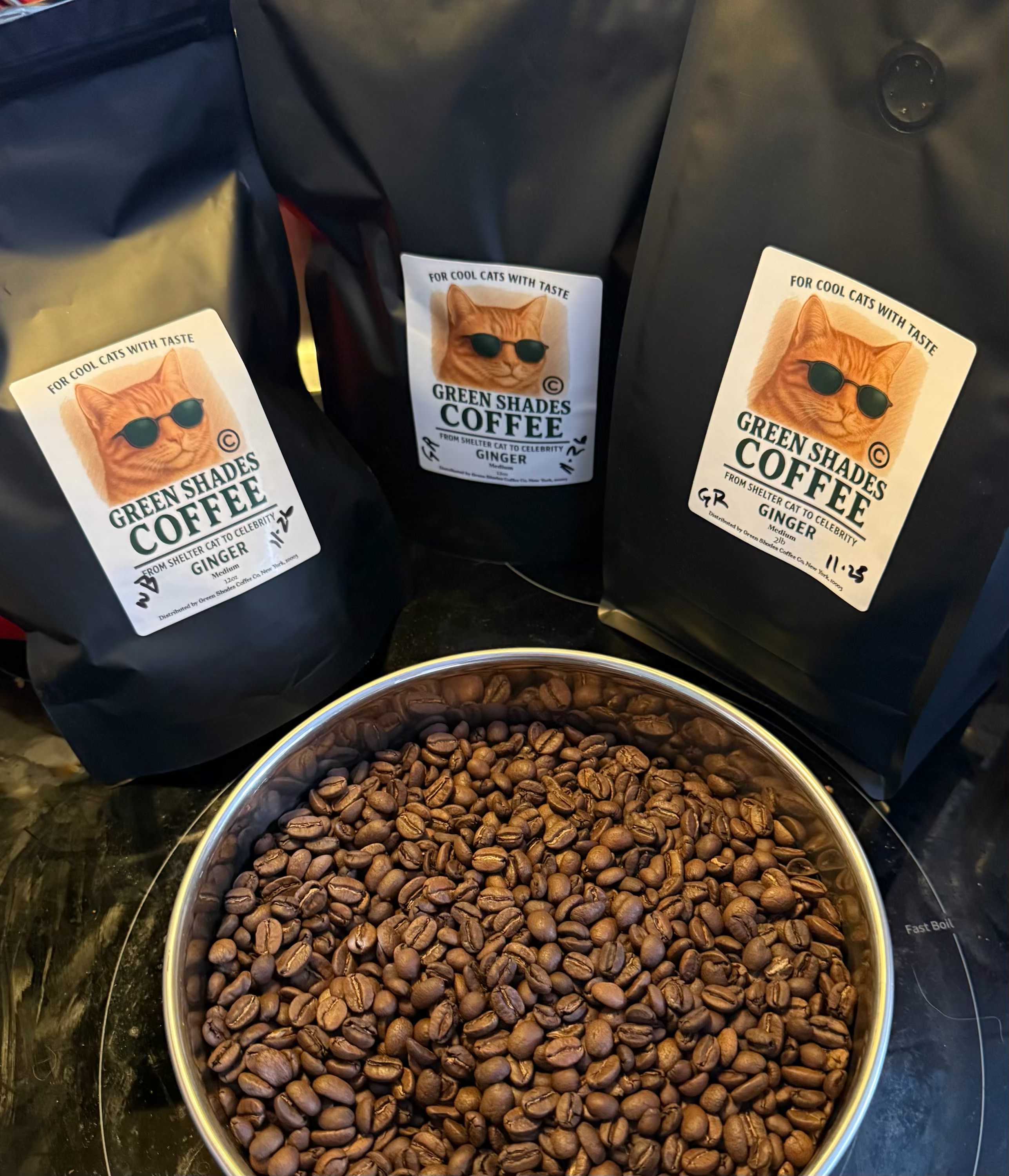 Cat with sunglasses sitting beside coffee mug